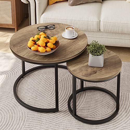 Smuxee Nesting Coffee Table Set of 2, 23.6" Round Coffee Table Wood Grain Top by Smuxee