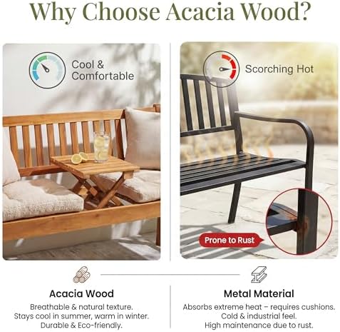 Devoko Acacia Wood Outdoor Bench, 2-Person Garden Bench - Image 4