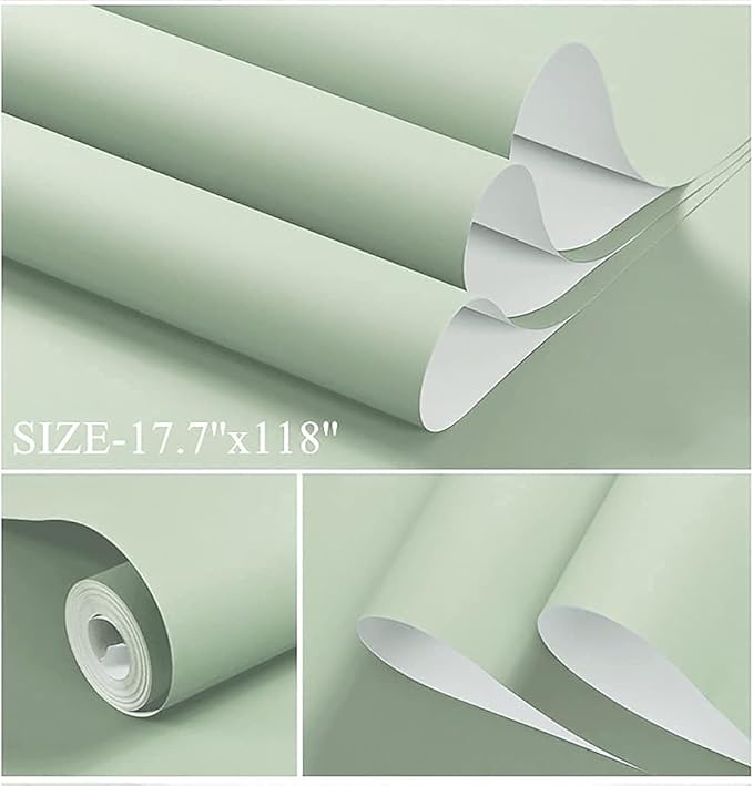 Dimoon 118''x17.7'' Green Peel and Stick Wallpaper Contact Paper Modern Self Adhesive Wall Paper Removable Renter Friendly Textured Solid Color Shelf Cabinet Vinyl Roll (118''x17.7'',Light Green)