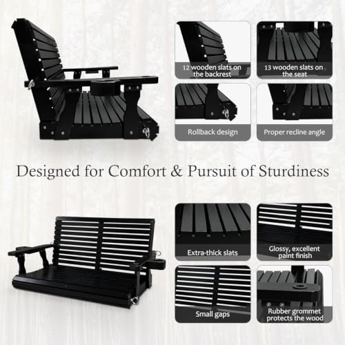 Fortune Candy Wooden Porch Swing, Iron Black, 4 FT Extra Large - Image 6