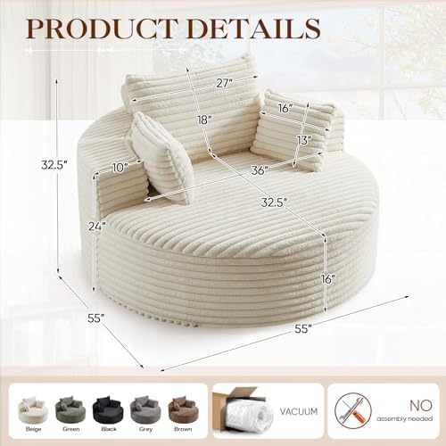 Oversized Round Chaise Longue Chair Indoor, Modern 55-inch Upholstered Corduroy - Image 2