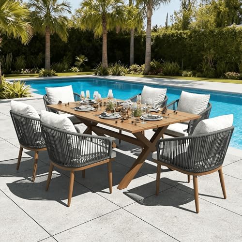 7 Pieces Outdoor Patio Dining Set, Aluminium Rectangular Dining Table and by LayinSun