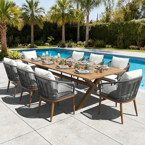 9 Pieces Outdoor Patio Dining Set, Aluminium Rectangular Dining Table and by LayinSun