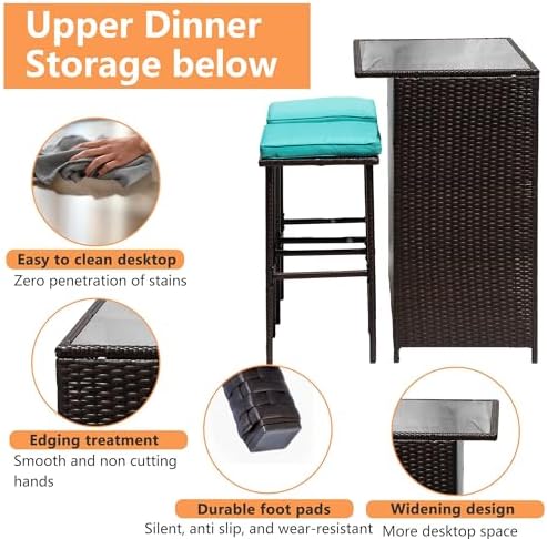 PayLessHere Rattan Bar Set 3Pcs Patio Wicker Bistro Set Sturdy Frame Bar Height - Image 3