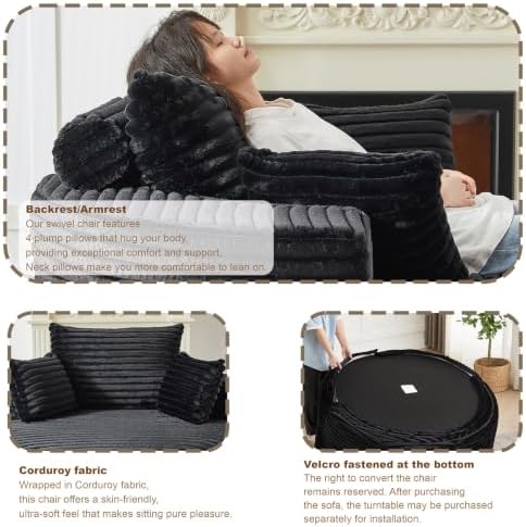 55"Round Chair Chaise Longue Indoor, Cloud Boneless Sofa Chair w/3 Pillows - Image 4