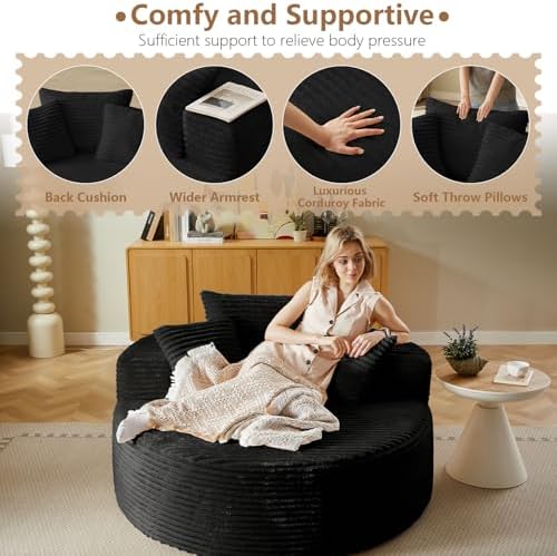 Oversized Round Chair Lounge Chaise Indoor, Upholstered Corduroy Deep Seat - Image 4