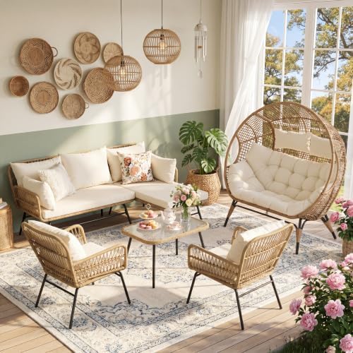 6 Piece Boho Patio Furniture Set, 500lbs Heavy Duty Wicker Outdoor Sectional by NICESOUL