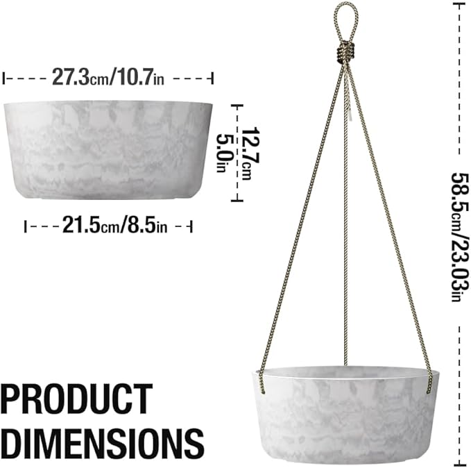 10.7 Inch Hanging Planter for Outdoor Indoor Plants，2 Pack Hanging Flower Pots with Drain Holes for Garden Home Decor Use (Marble)