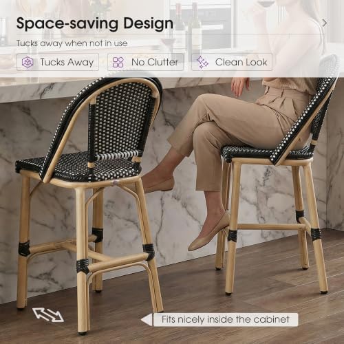 PURPLE LEAF Patio French Counter Stool Set of 2 Champagne Frame Black Woven - Image 5