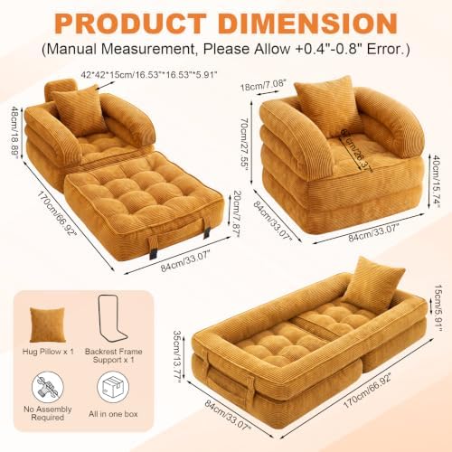 Folding Sofa Bed, Convertible Sleeper Chair, Corduroy Boneless Couch - Image 2
