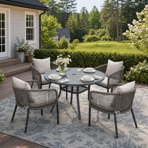Patio Dining Set, 40.6" Round Table & Wheat Cushioned Wicker Chairs by ProvideOutdoorSolutions
