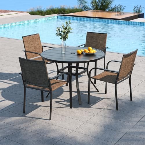 Outdoor 41" Metal Round Table and Brown Stacking Chairs Patio Dining Set 5 by Anmutig