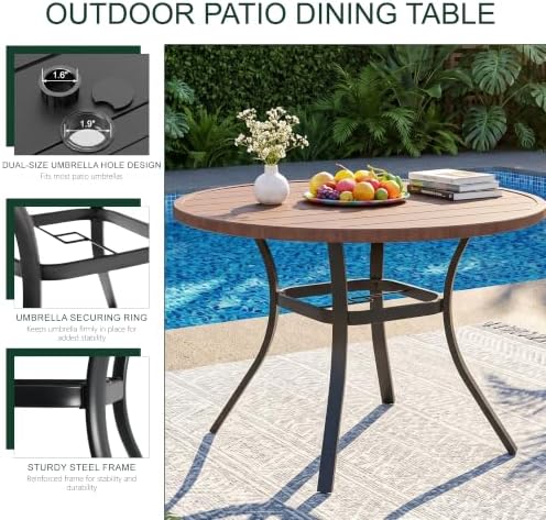 41" Round Outdoor Dining Table Metal Patio Table Brown Top - Image 4