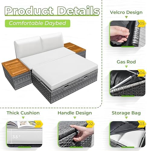 Greesum Outdoor Daybed Set Multifunctional Wicker Lounge Bed Furniture - Image 6