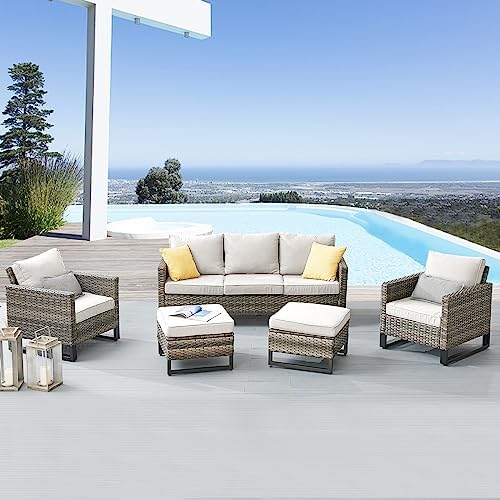 Wicker Patio Furniture 5 Piece Outdoor Sofa Set, Oversize Outdoor Dining Chairs by Belord