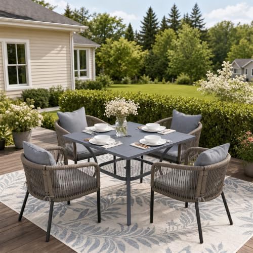 Patio Dining Set, 37.8" Square Table & Grey Cushioned Wicker Chairs by ProvideOutdoorSolutions