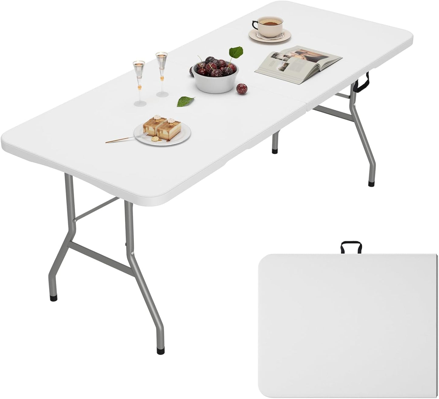 6ft Folding Table, Outdoor Foldable Table with HDPE Tabletop, Safety Locks, Easy to Carry and Store, No-Assembly Camping Table for Dining, Picnic, White