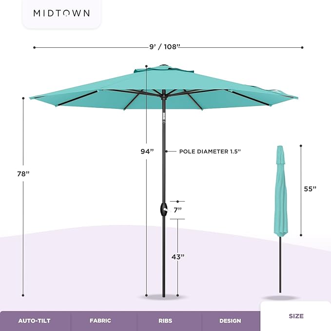 MIDTOWN UMBRELLAS The Lean 9 Feet Outdoor Umbrella With Terylast Red Stripes (Red/White Stripes) Polyester Fabric - 8 Ribs Aluminum Frame Patio Umbrella With Zinc Alloy Crank Lift And Auto-Tilt System