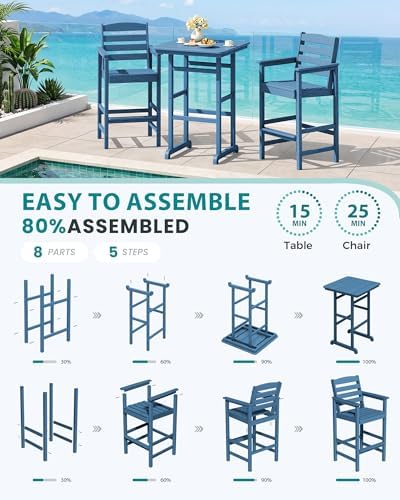 SERWALL 5 Pcs HDPE Bar Height Adirondack Chairs and Bar Table Set - Image 6