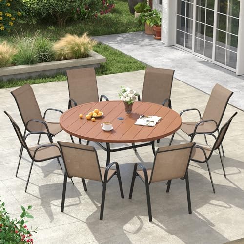 VICLLAX Patio Dining Set, 8 Brown Stackable Chair & 53" Metal Walnut Table by HOME