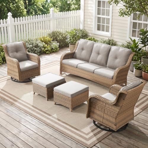 Outdoor Yellow Wicker Furniture Set of 5, Wicker Patio Conversation Sets by Rilyson