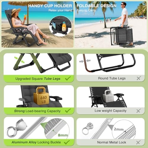 Suteck Zero Gravity Chair, Reclining Camping Chairs w/Removable Cushion - Image 4