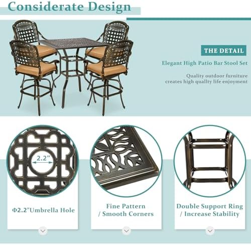 5-Piece Patio Swivel Bar Set, All-Weather Cast Aluminum Outdoor High Bar Stool - Image 6