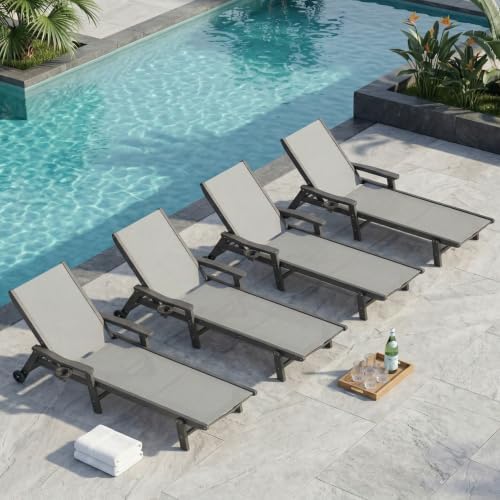 Outdoor HDPE Chaise Lounge Chairs Set of 4, Textilene Pool Loungers by PatioKingdom