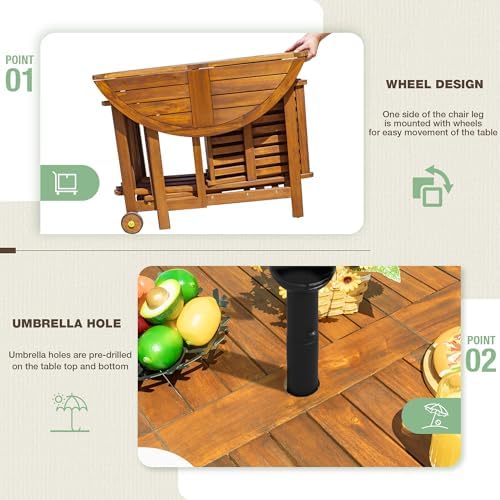 Devoko Acacia Wood Outdoor Patio Folding Table and Chairs Set - Image 2
