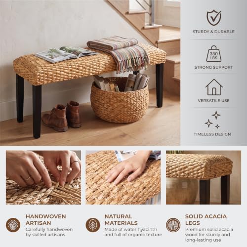 Solid Wood Acacia Indoor Bench, Water Hyacinth Seat, Plait Style - Image 3