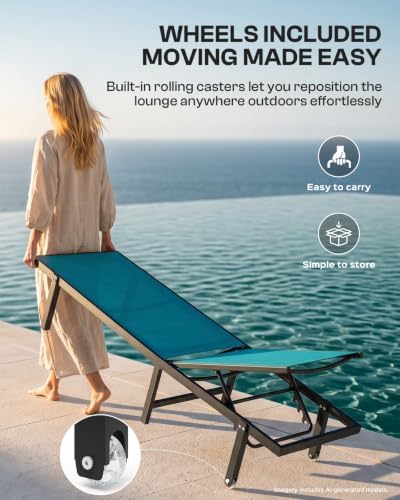 Lounge Chair Outdoor with Wheels, Aluminum Pool Lounge Chairs with 5 Adjustable - Image 3