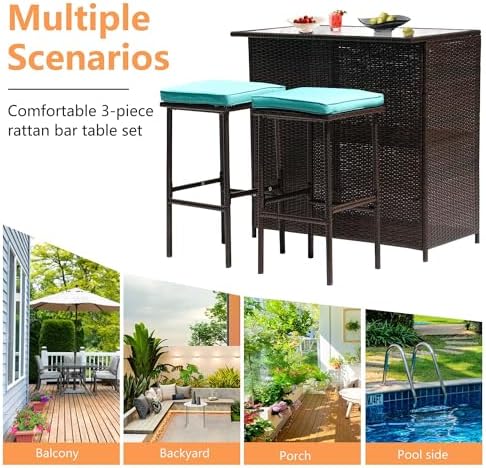 PayLessHere Rattan Bar Set 3Pcs Patio Wicker Bistro Set Sturdy Frame Bar Height - Image 5