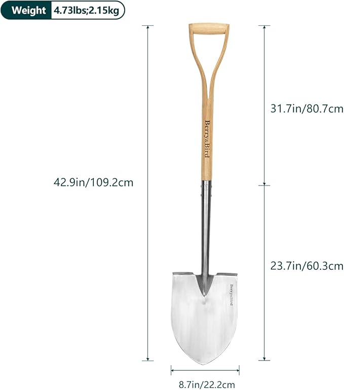 Berry&Bird Shovels for Digging, 43’’ Round Spade Heavy Duty Shovel with Wooden D Handle Stainless Steel Snow Shovel Garden Shovel Yard for Transplanting & Outdoor
