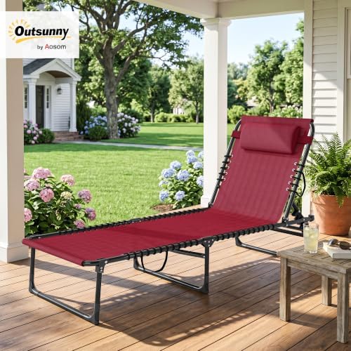 Outsunny Folding Chaise Lounge Chair Outdoor Mesh Seat Wine Red - Image 2