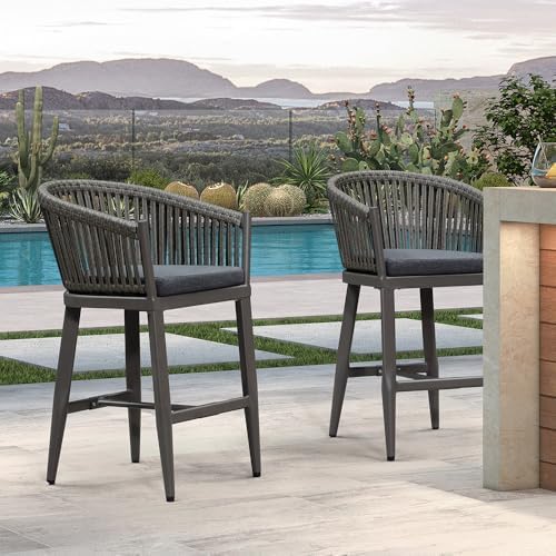 PURPLE LEAF Outdoor Patio Counter Stool Set of 2 Wicker Rattan Slate Gray - Image 3