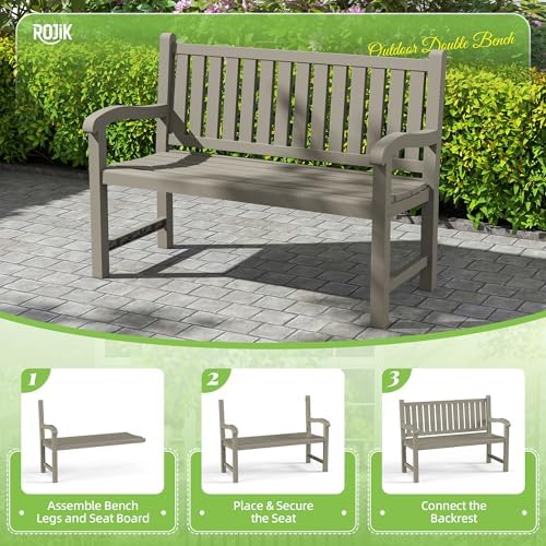 ROJIK Outdoor Bench Resin Patio Chairs Waterproof 2-Person Slatted Chairs - Image 7