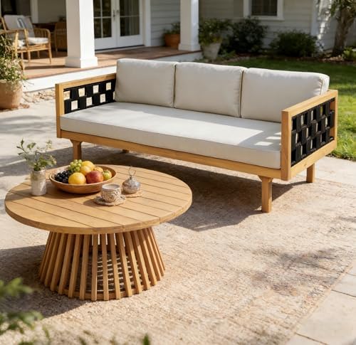 Merax Outdoor 3 Seater Daybed, Acacia Wood Patio Day Bed Couch Sofa - Image 4