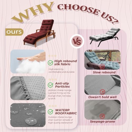 Chaise Lounge Cushion Outdoor, 74.4" x 22", Waterproof, Dark Red - Image 3