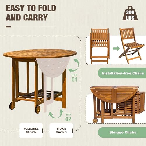 Devoko Acacia Wood Outdoor Patio Folding Table and Chairs Set - Image 3