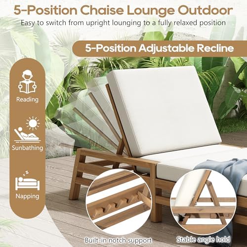 Outdoor Chaise Lounge Set of 2, Solid Wood Patio Recliner Chair - Image 3