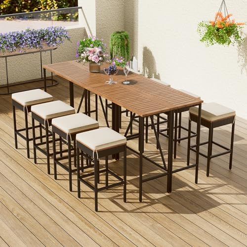 Patio Bar Table Set of 10, Outdoor Wood Height Bar Table & 8 Bar Stools by fromNewJersey