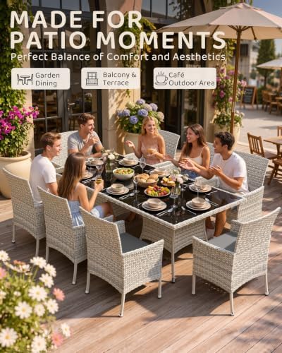 10-Piece Patio Dining Set, 2 Tempered Glass Tables & 8 Wicker Chairs - Image 6