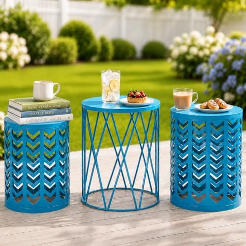 Nesting Side Table Set of 3 Decorative Round Garden Stools by HFHOME