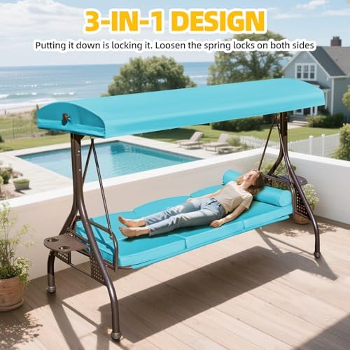 3-seat Patio Swing with Canopy, Convertible Outdoor Swing Bed with Thick - Image 3
