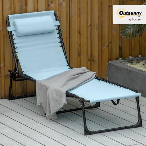 Outsunny Folding Chaise Lounge Chair Outdoor Mesh Seat Baby Blue - Image 2