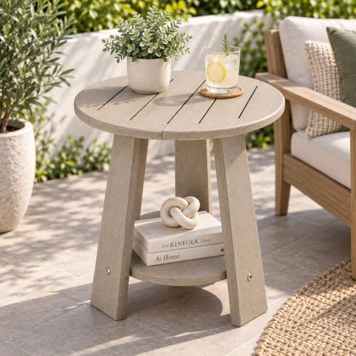 Round Outdoor Side Table, 2-Tier Small HDPE Side Table - Image 2