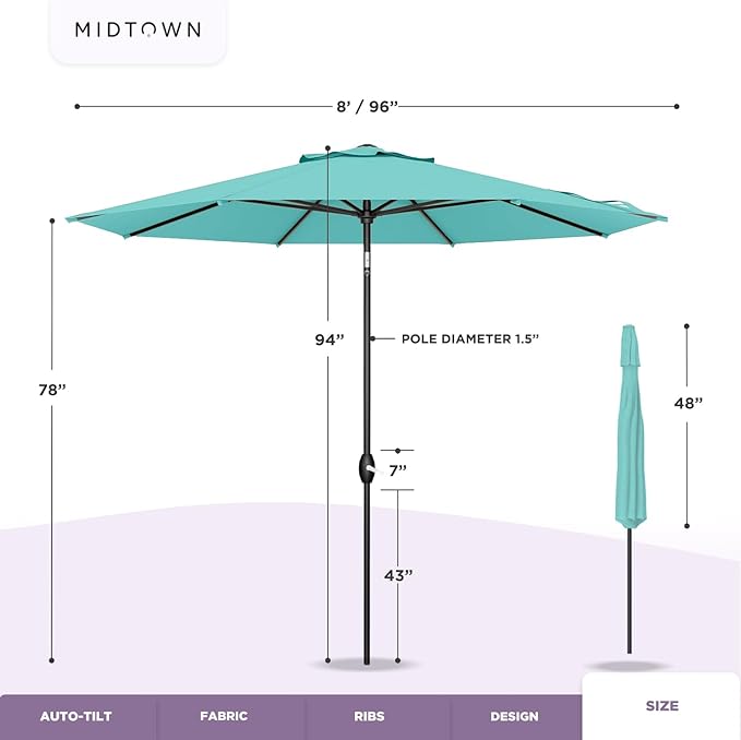 Midtown Umbrellas Sunbrella Umbrella 8 Feet Outdoor Umbrella With Sunbrella Terracotta Acrylic Fabric - Auto-Tilt Aluminum Frame Patio Umbrella For Backyard, Deck, Garden, Pool - Black Pole