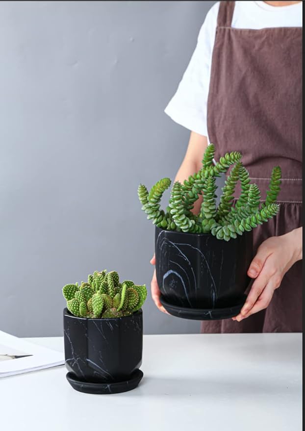 Black Plant Pot with Drainage Holes and Saucers, Ceramic Pots for Indoor Outdoor Plants, 4 & 5 Inch Premium Hand Glazed Sustainable Planters for Flower, Garden, Succulent, Nursery, Home Decor