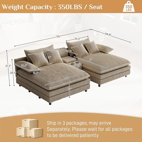 114" Oversized Double Chaise Lounge, Corduroy Sofa Bed - Image 2