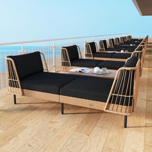 Tangkula Patio Rattan Daybed Set of 2, Wicker Lounge Sofa, Natural & Black - Image 3